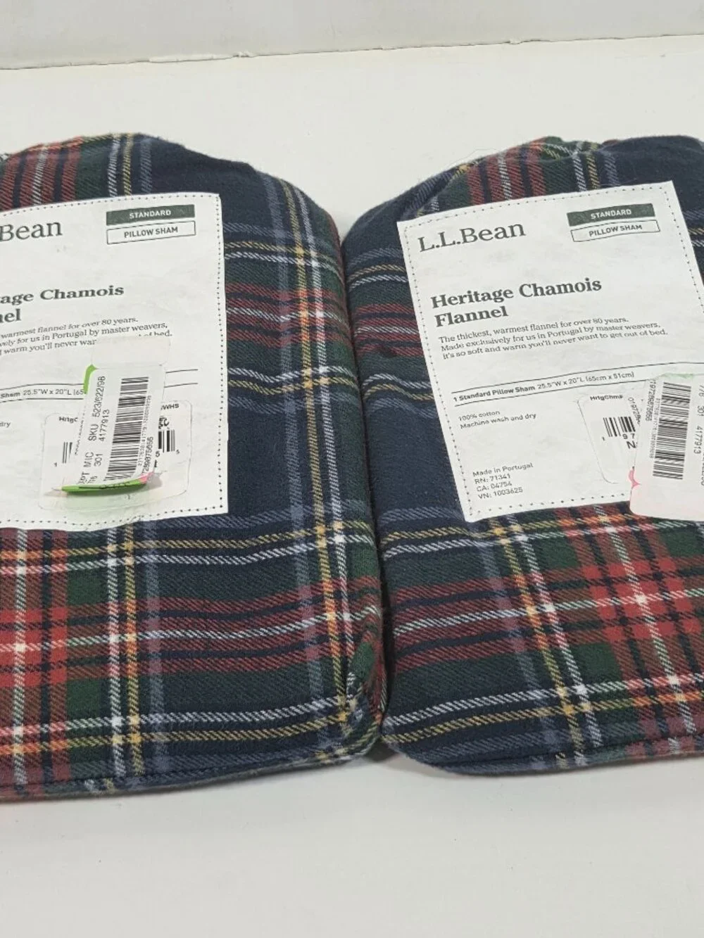 L.L.Bean Heritage Chamois Flannel Standard Pillow Shams Navy Plaid NWT Set